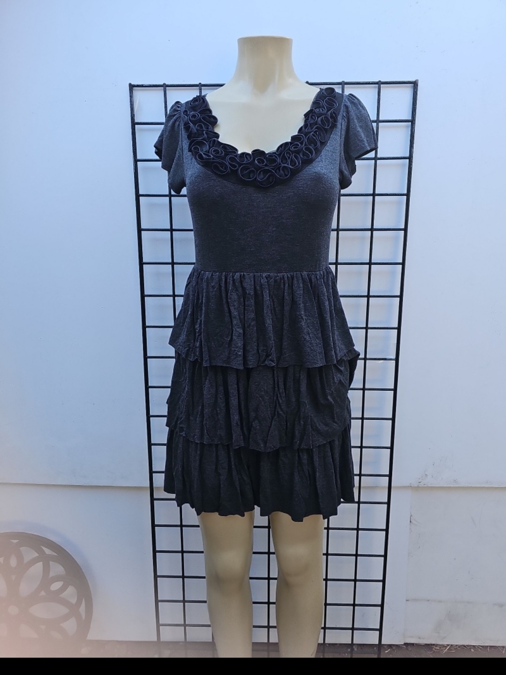 Pink Rose Charcoal Tiered Ruffle Mini Dress with Floral Trim